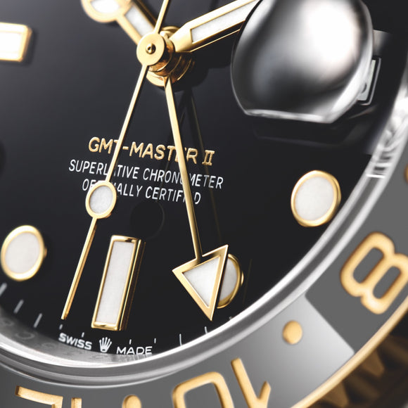 A close up of the Rolex GMT-Master II, ref #126713GRNR, showing the GMT hand pointing at 10.