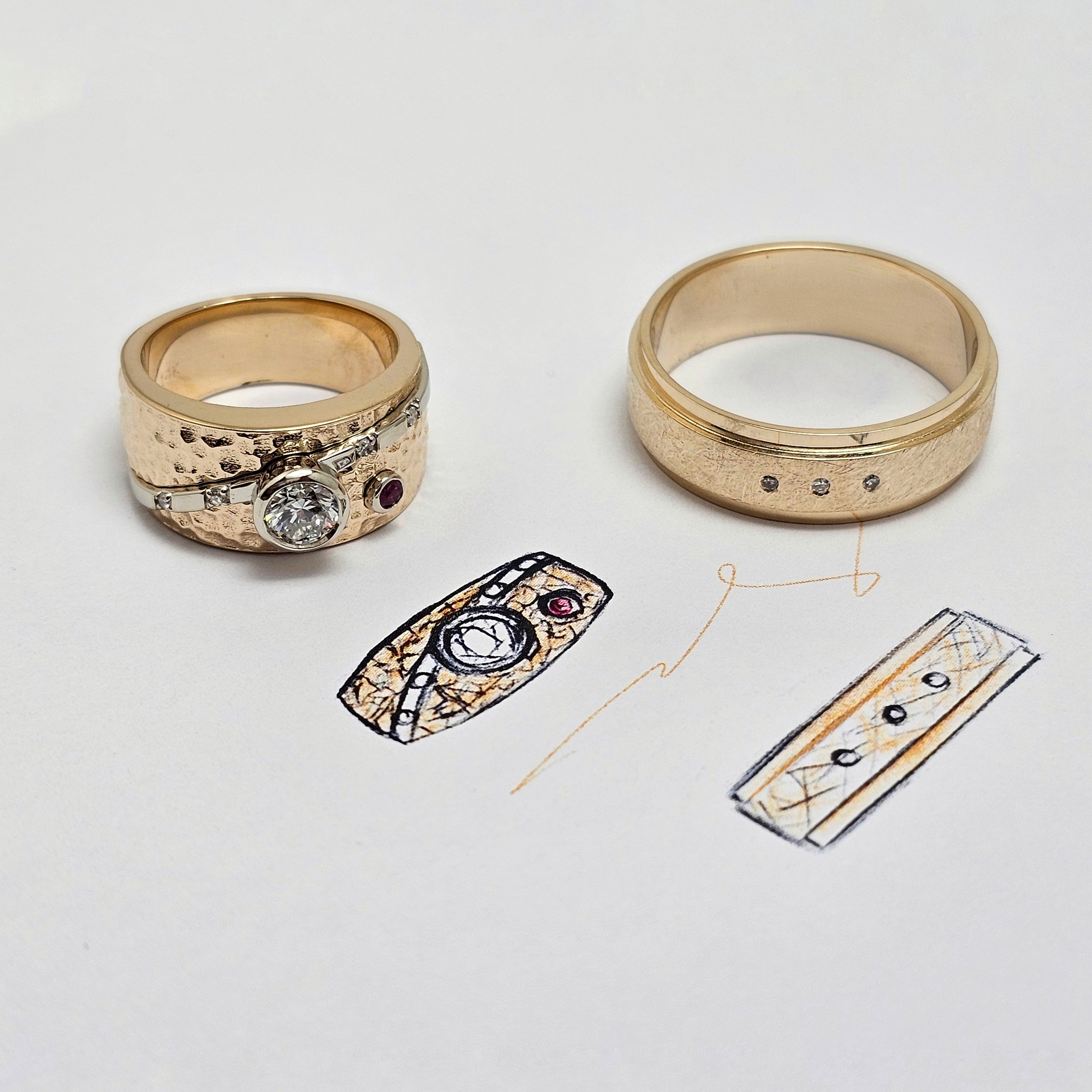 Custom Hammered Two-Tone Gold Wedding Band Set