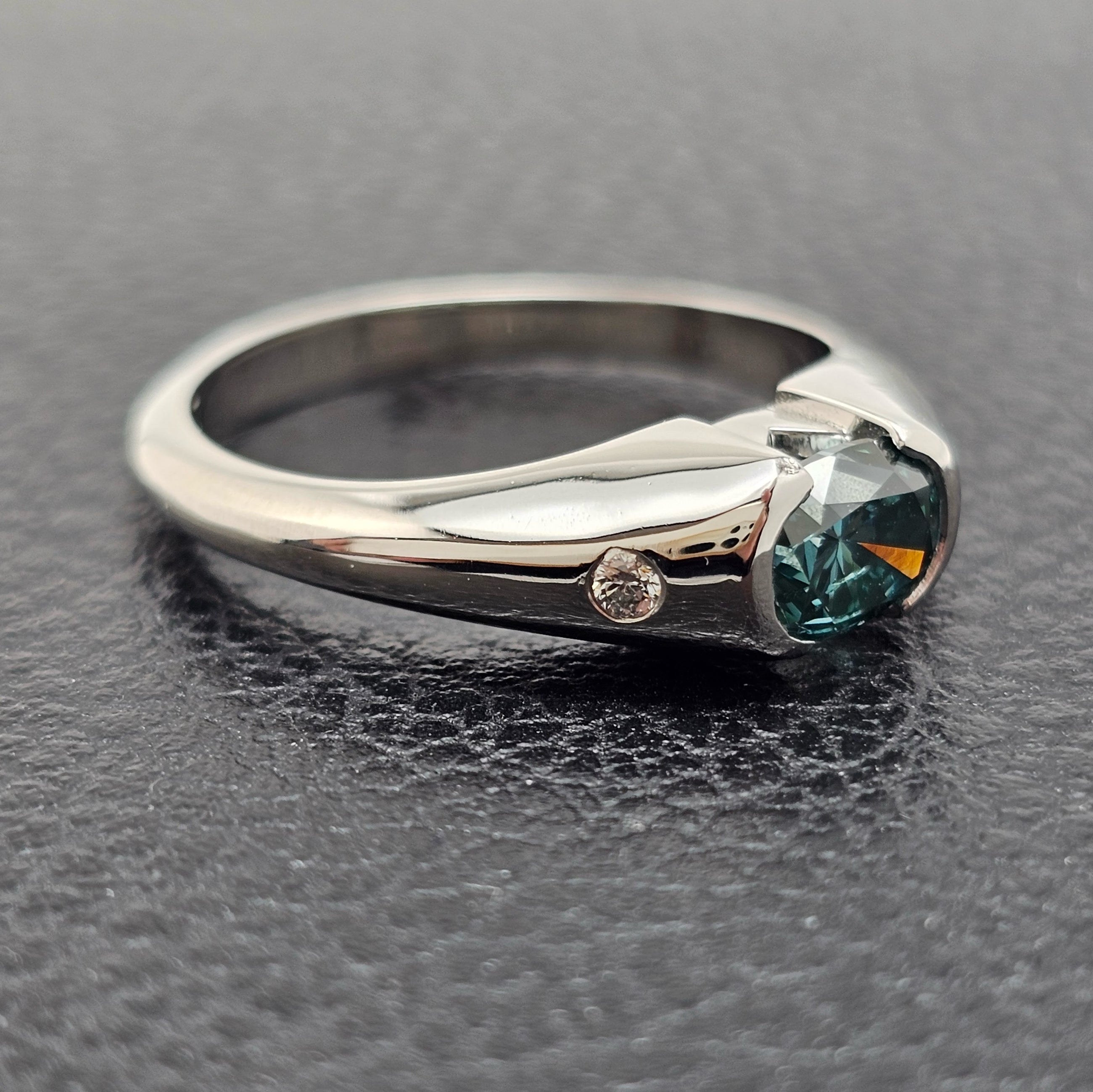 Custom Platinum Half Bezel Treated Blue Diamond Ring
