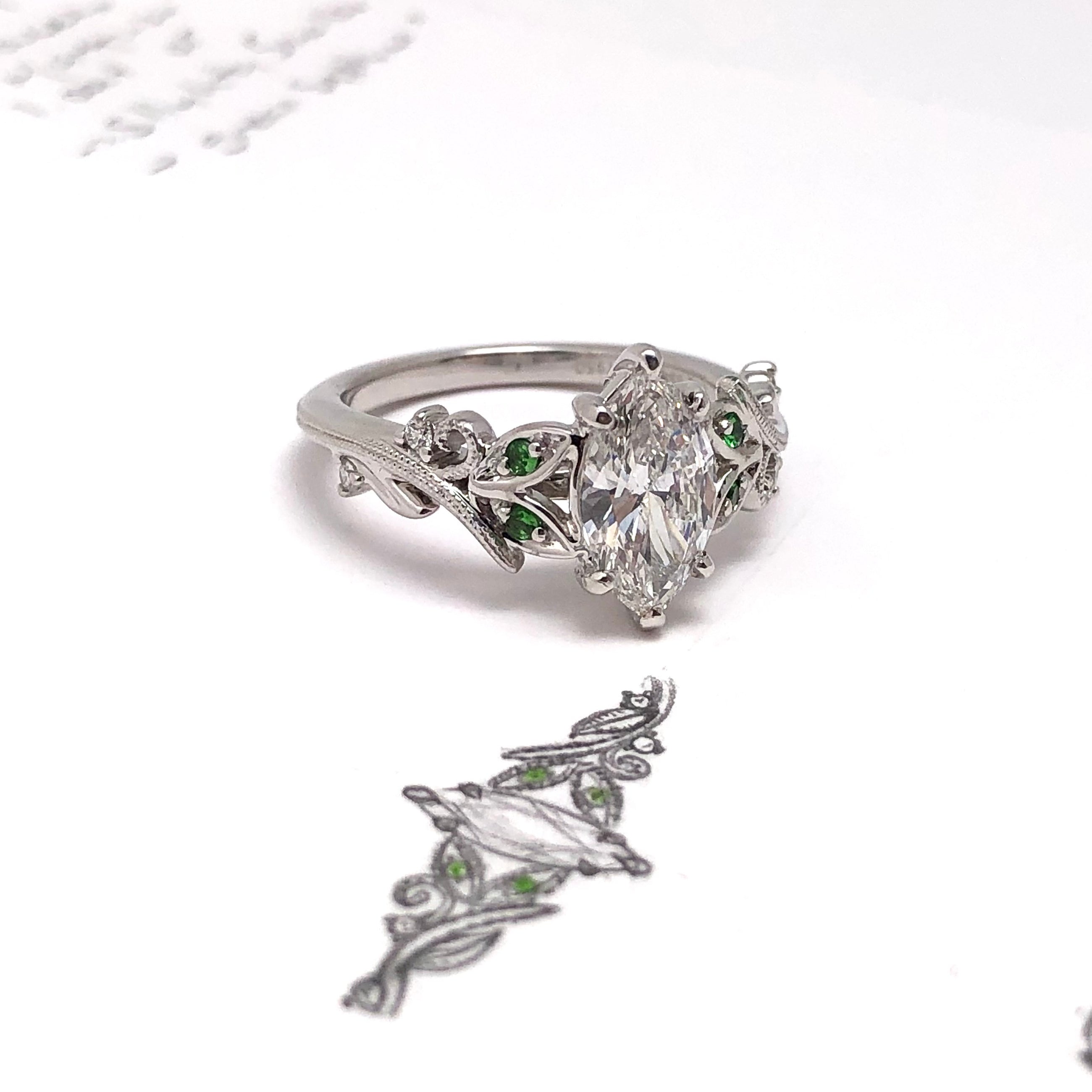 Noam Carver Platinum Marquise LGD & Green Sapphire Ring