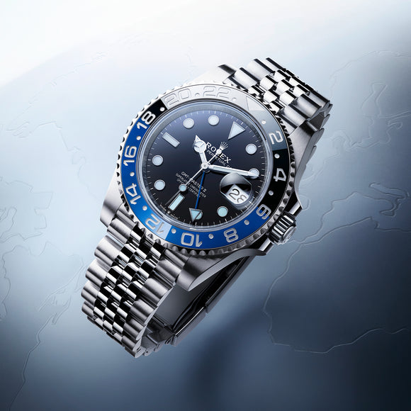 The new Rolex GMT-Master II with a blue and black bezel, on a jubilee bracelet in Oystersteel. Model #126710BLNR.