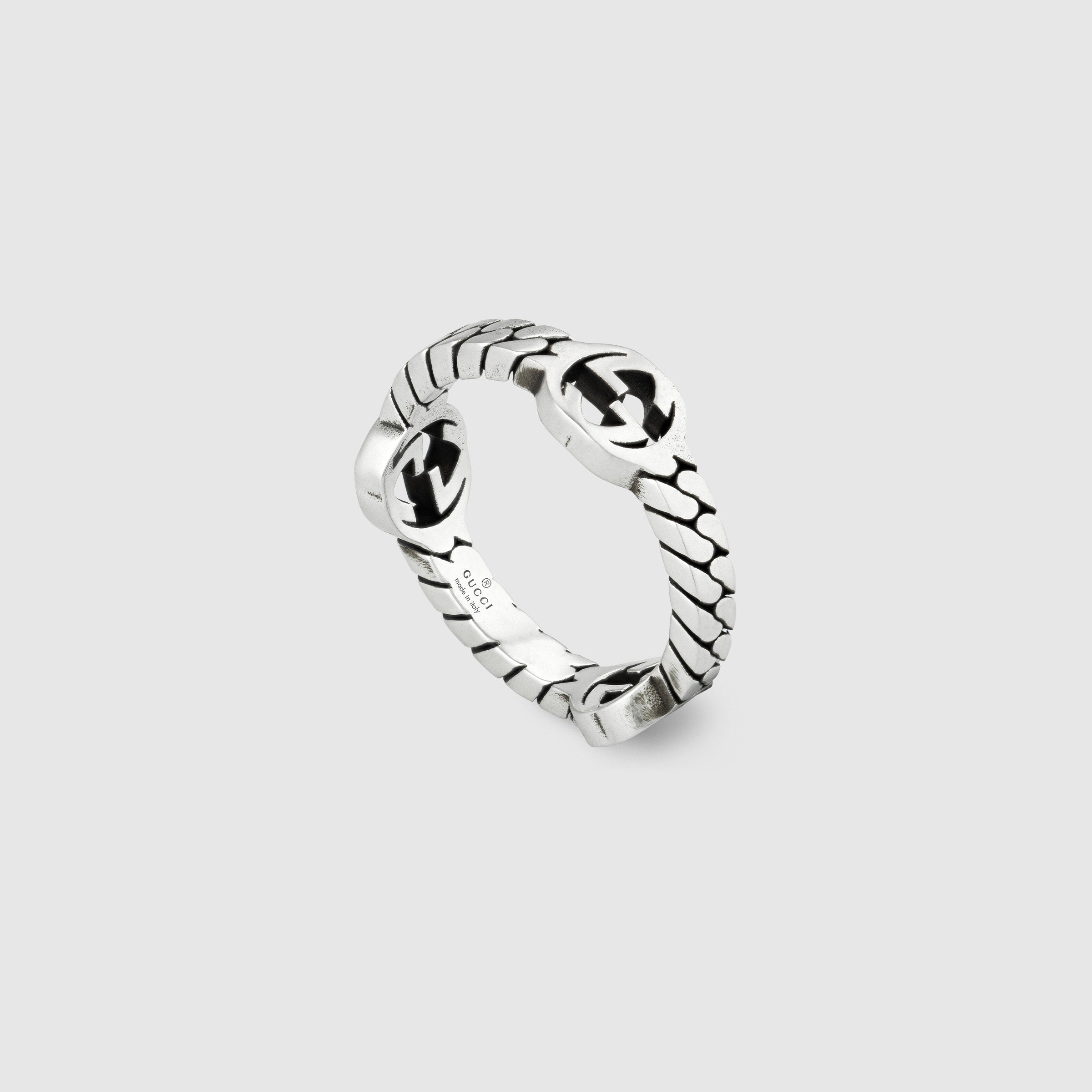 Gucci Silver Ring with Interlocking G and Gourmette Detail