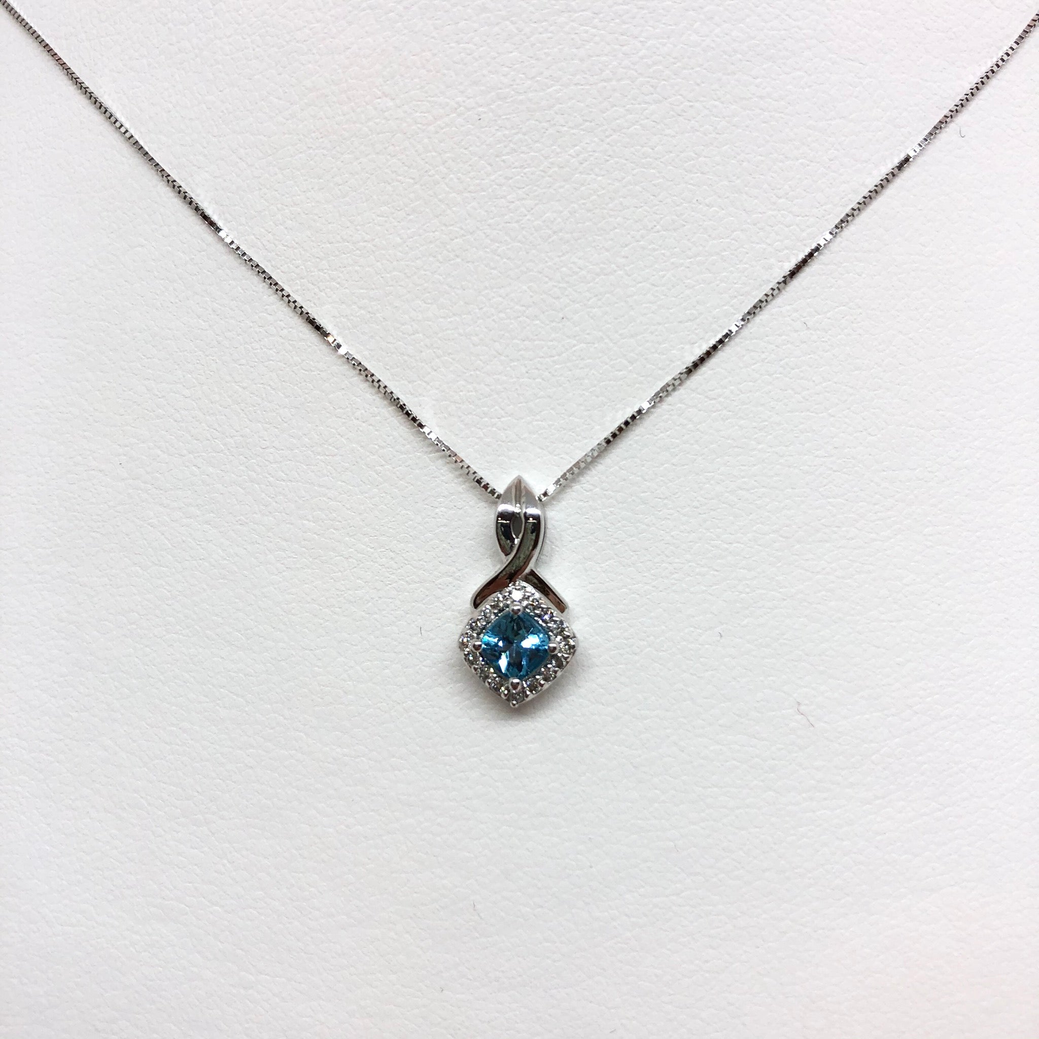 10K White Gold Blue Topaz and Diamond Necklace