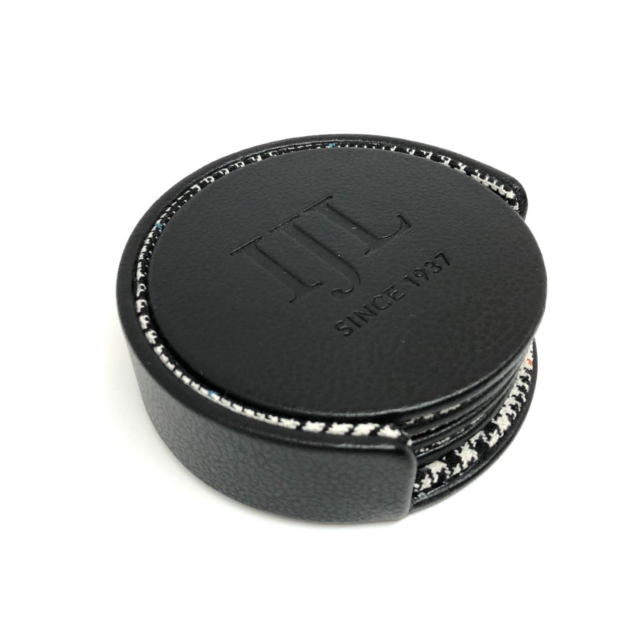 WOLF IJL Black Leather and Plaid Fabric Coaster Set