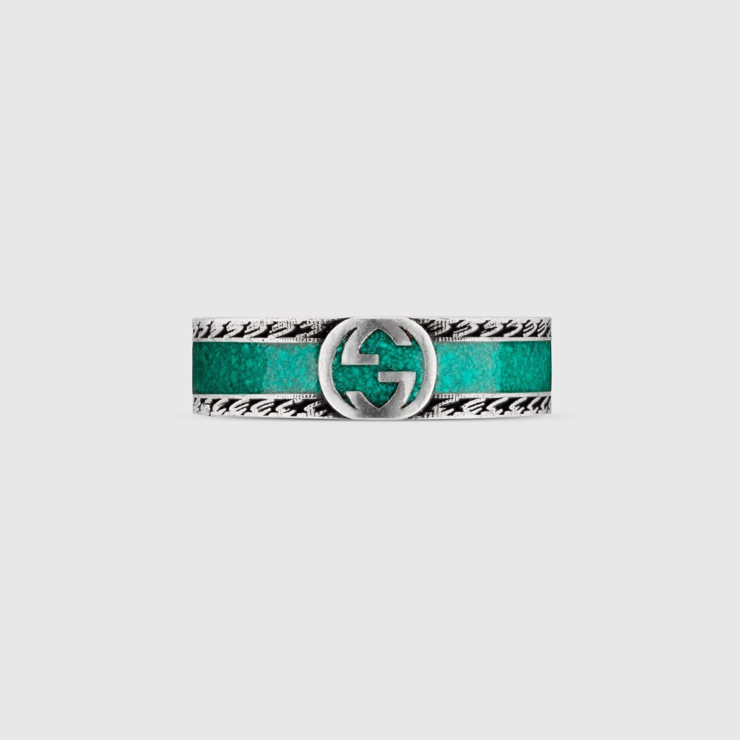 Gucci Interlocking G Silver Ring with Turquoise Enamel