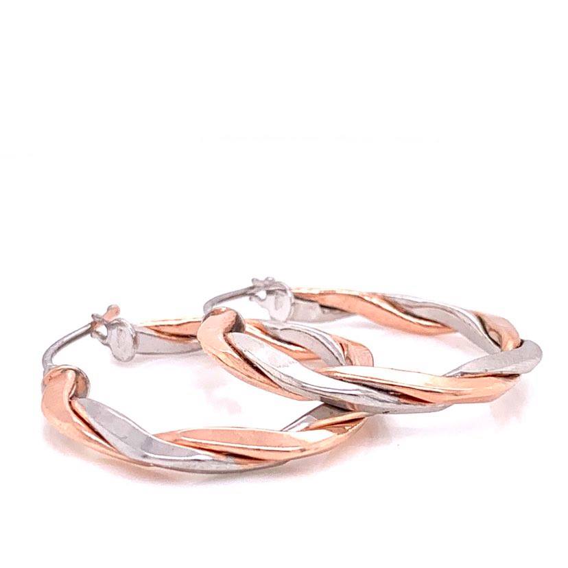 10K White and Rose Gold Twisted Hoop Style Earrings