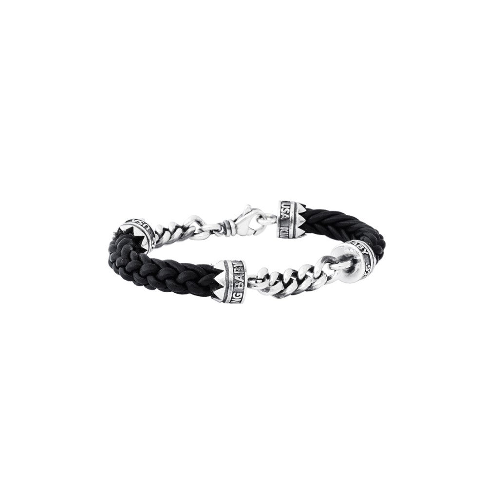 King Baby Double Silver Chain and Leather Bracelet