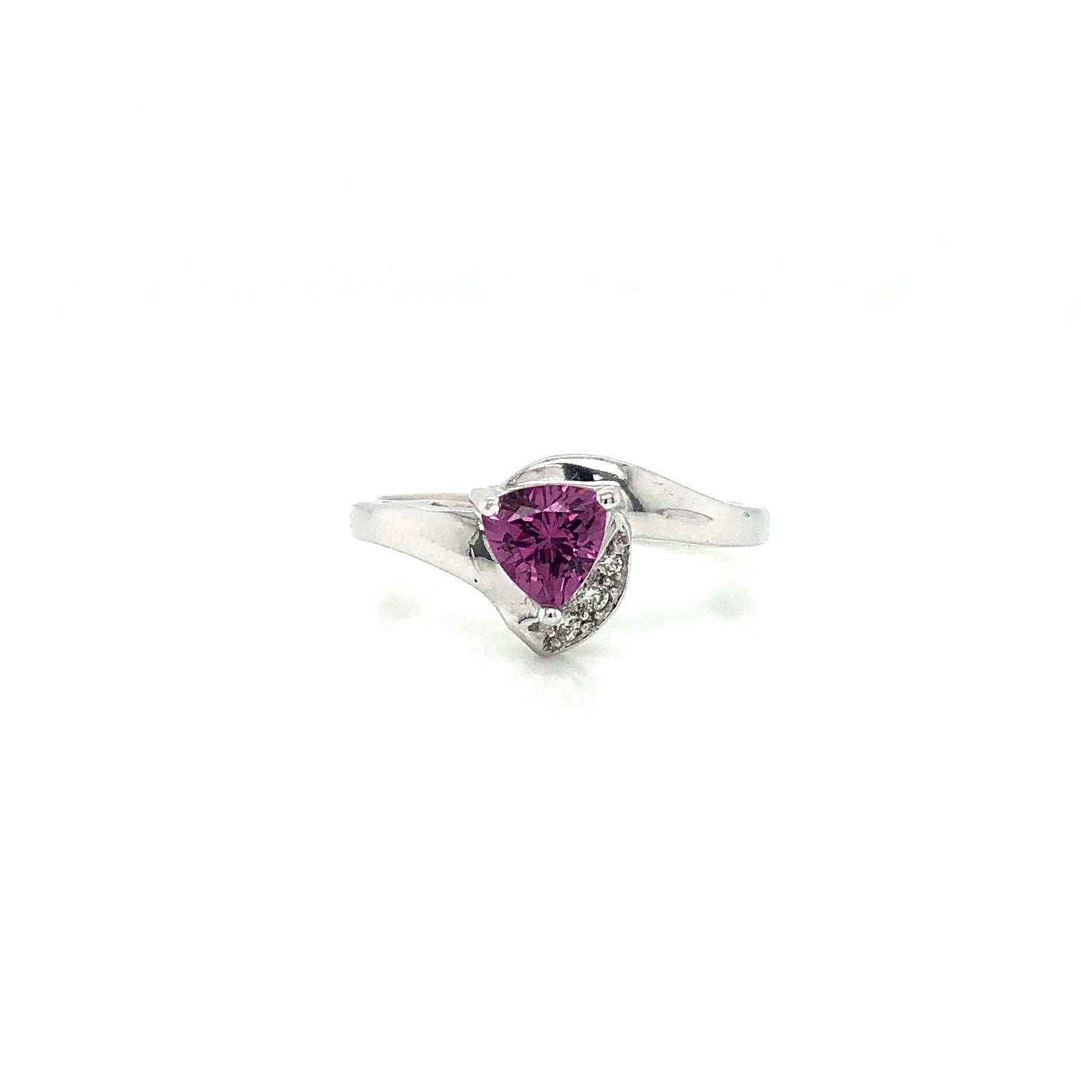 14K White Gold Trillion Pink Rhodolite Ring with Diamonds