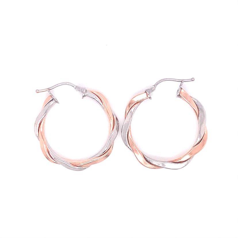 10K White and Rose Gold Twisted Hoop Style Earrings