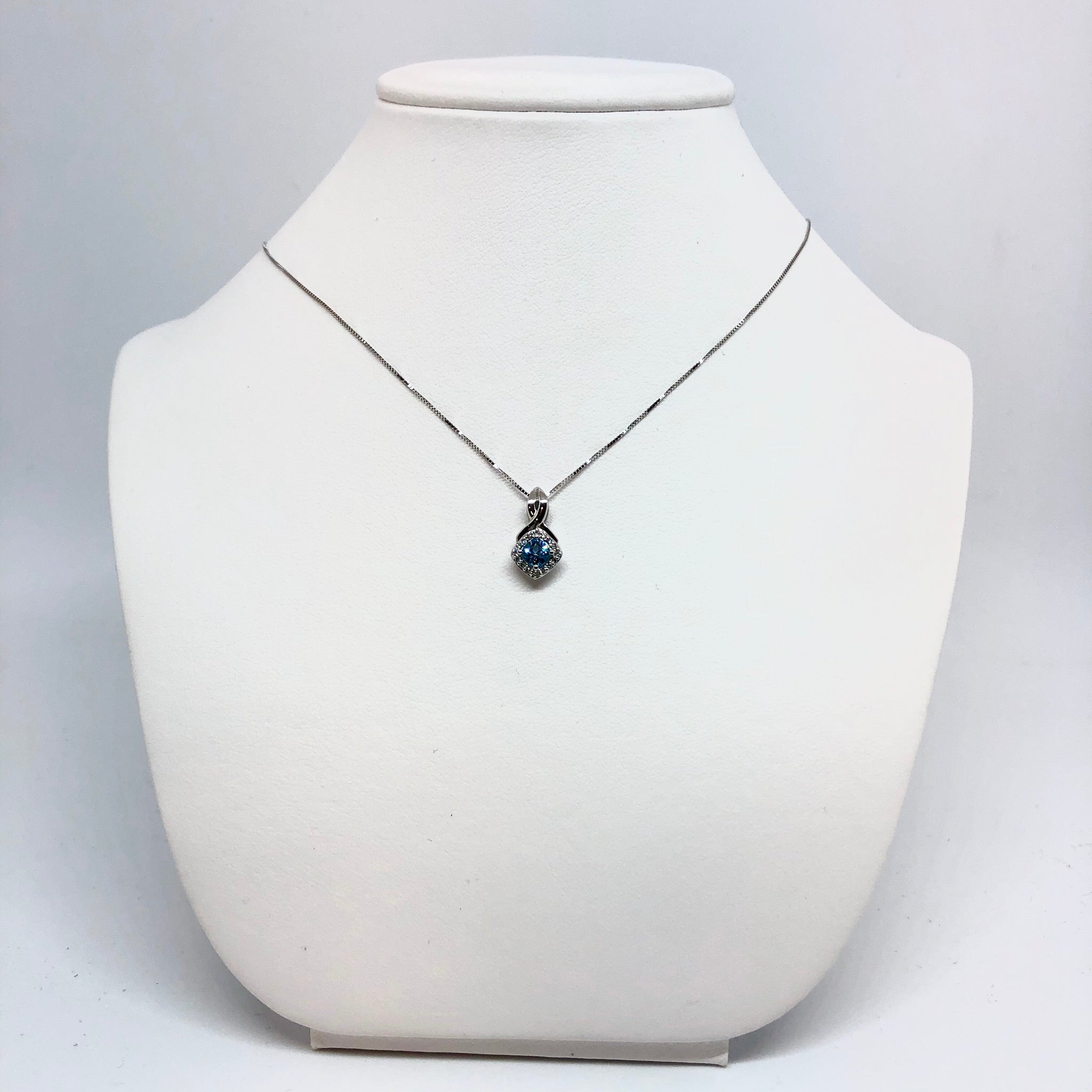 10K White Gold Blue Topaz and Diamond Necklace