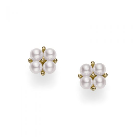 Mikimoto Akoya Pearl Cluster Earrings in Yellow Gold