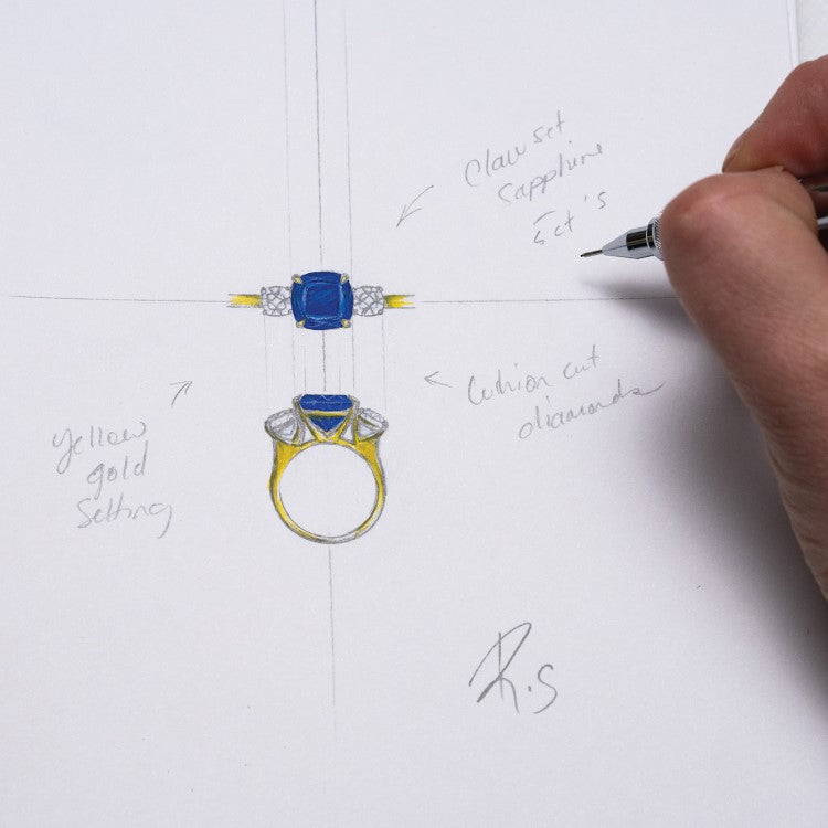 A custom designed ring lying on a piece of paper showing the original sketch. On a teal background.