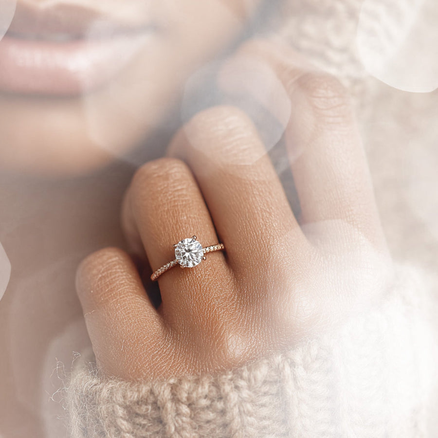 A diamond ring with a teal background.