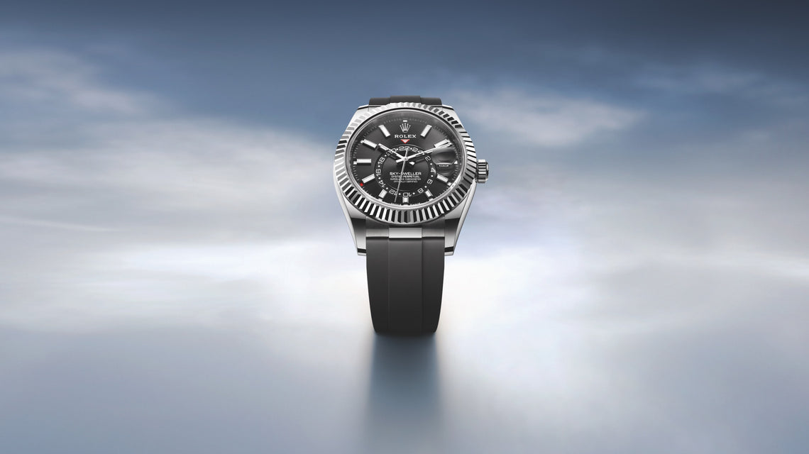 The Rolex Sky-Dweller amoung the clouds. This version is made from 18K white gold and features the Rolex Oysterflex bracelet. This watch has a black dial. Ref #M336239-0002.