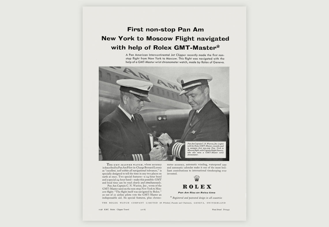 A vintage Rolex ad showing two pilots with a Pan Am plane in the background. Both pilots are looking down at their watches.