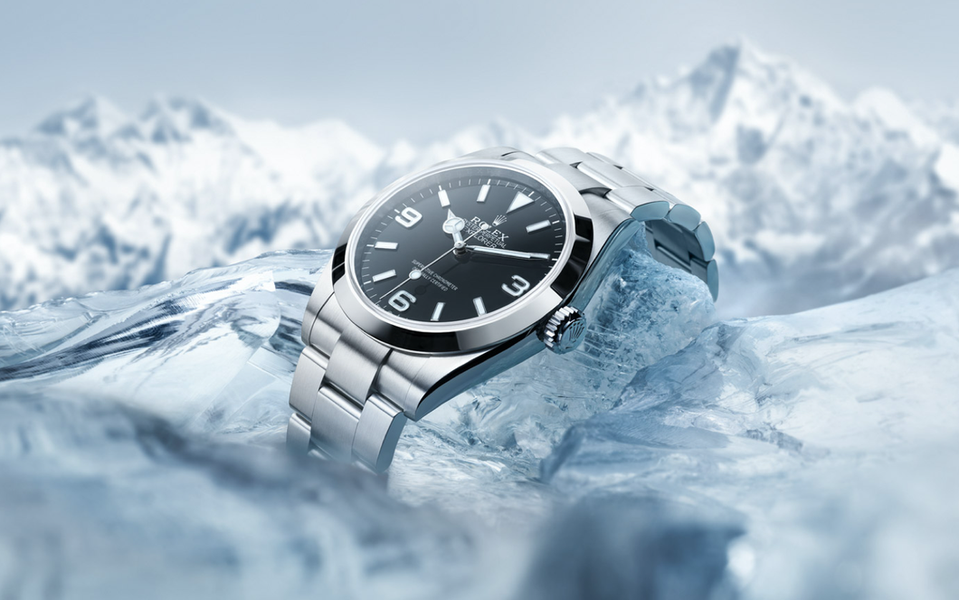 The Rolex Explorer 40 strapped to a piece of ice. Ref #224270.