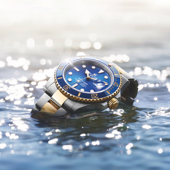 A beautiful shot of the 18K yellow gold and Oystersteel Rolex Submariner Date. The bracelet is under the water with the head out of the water with the sun shining down on it. Model #126613LB.