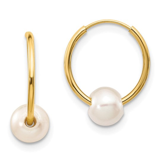 10KY Semi Round Pearl Hoop Earrings