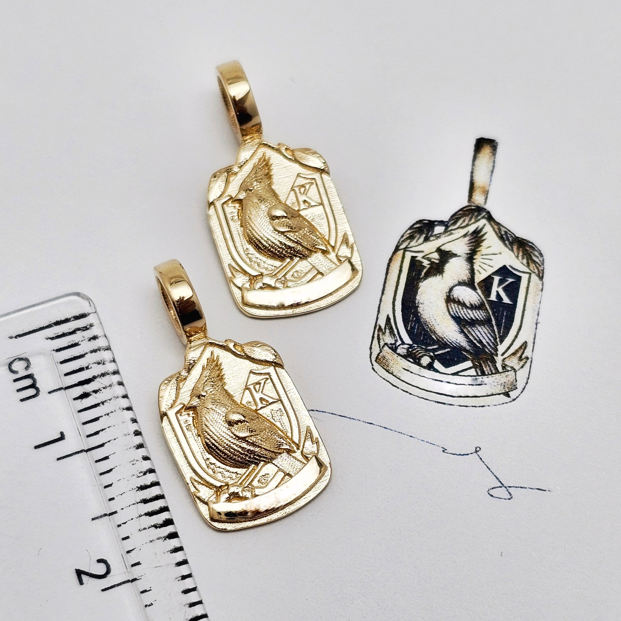 Custom 14K Yellow Gold Robin & "K" Family Crest Pendant
