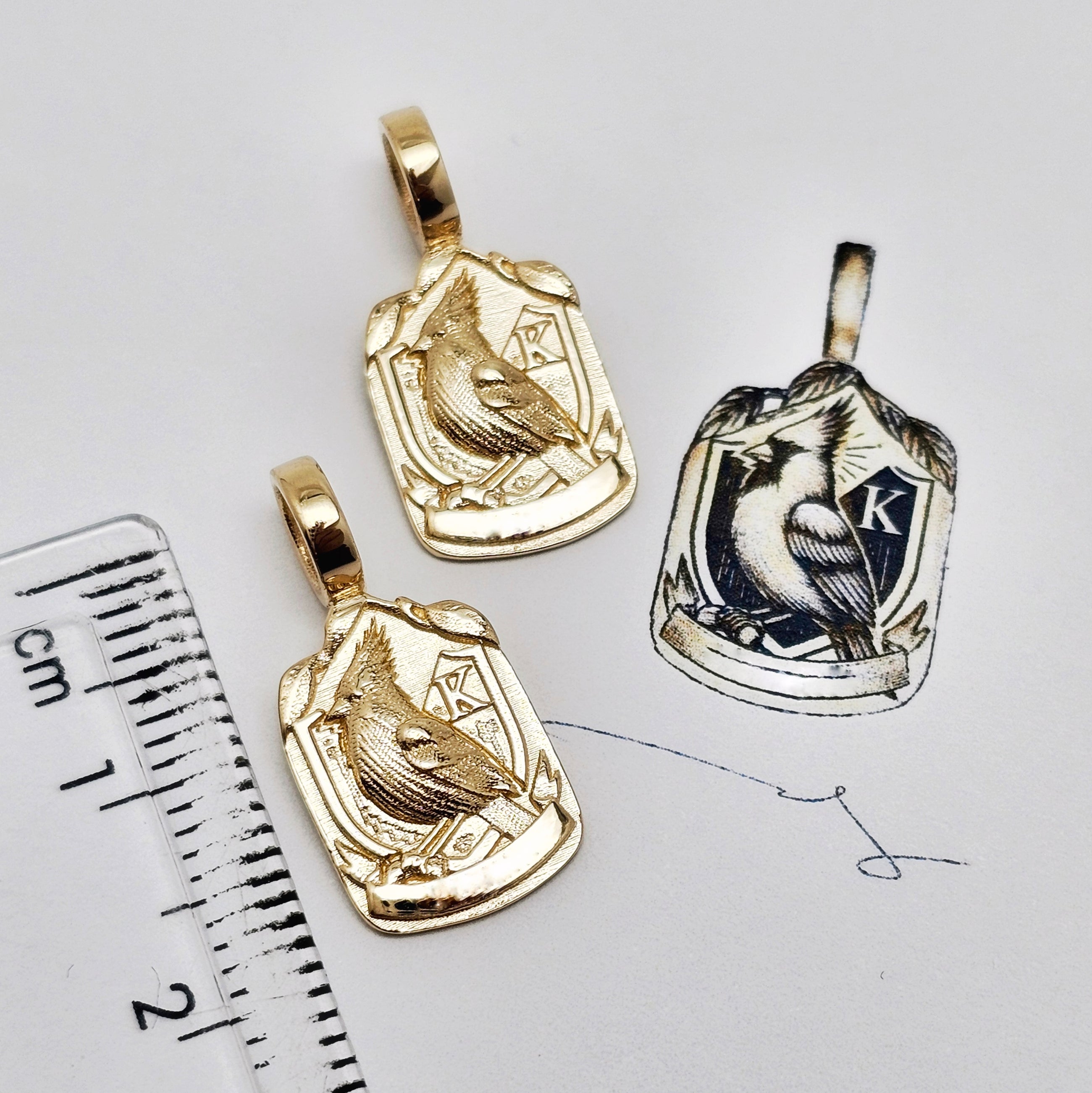 Custom 14K Yellow Gold Robin & "K" Family Crest Pendant