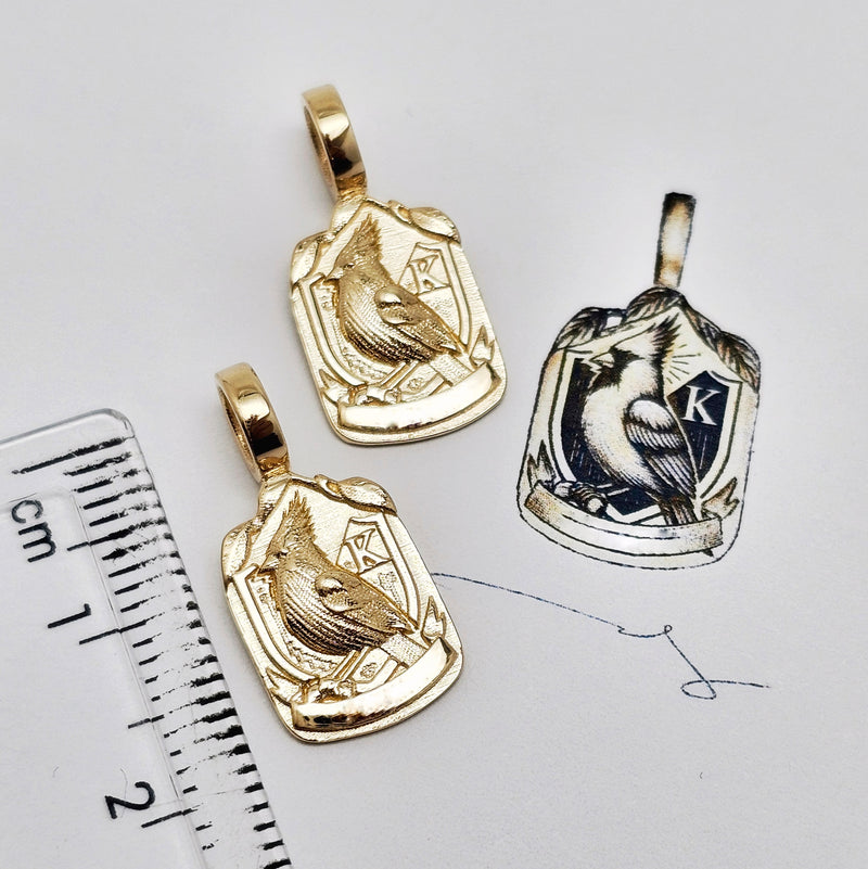 Custom 14K Yellow Gold Robin & "K" Family Crest Pendant