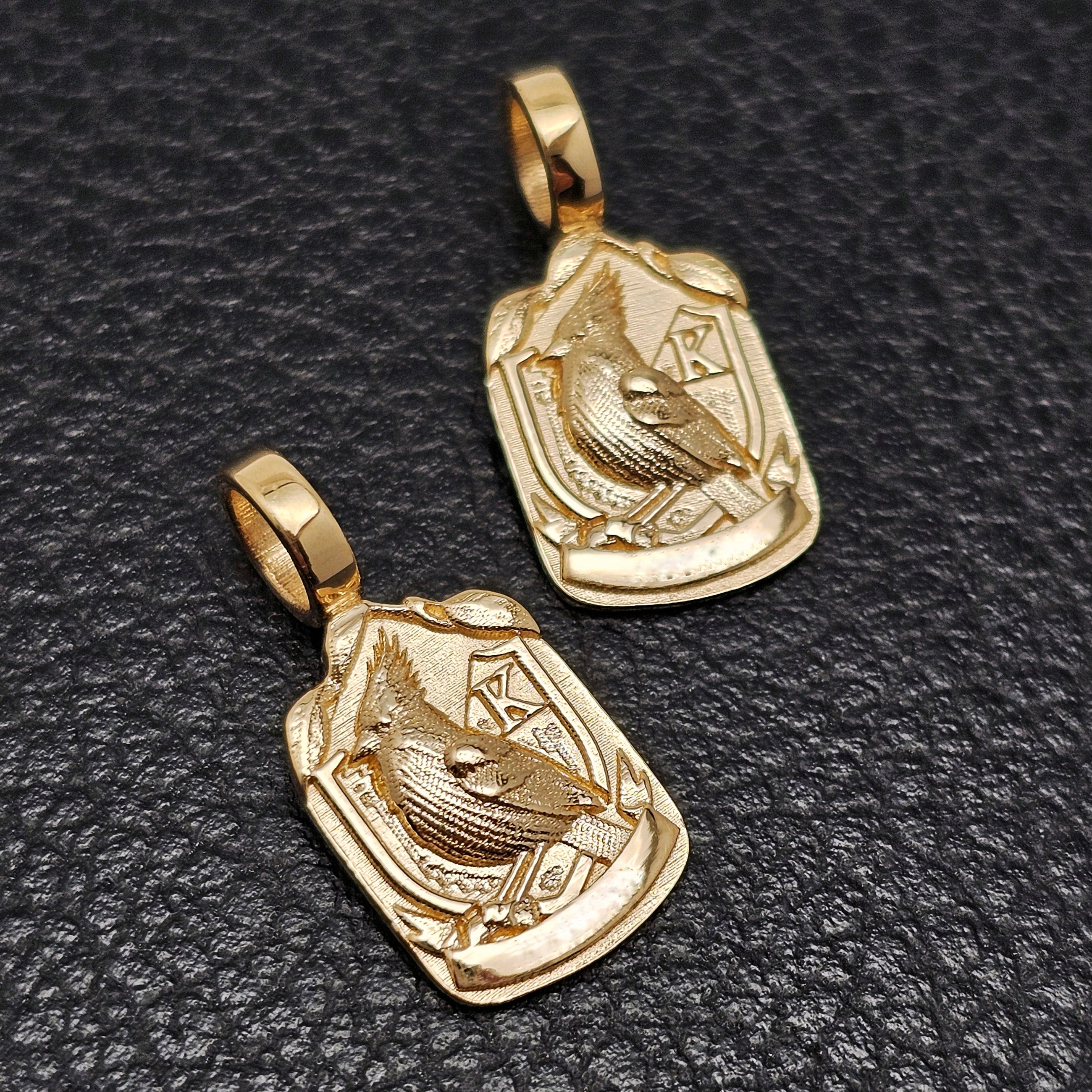 Custom 14K Yellow Gold Robin & "K" Family Crest Pendant