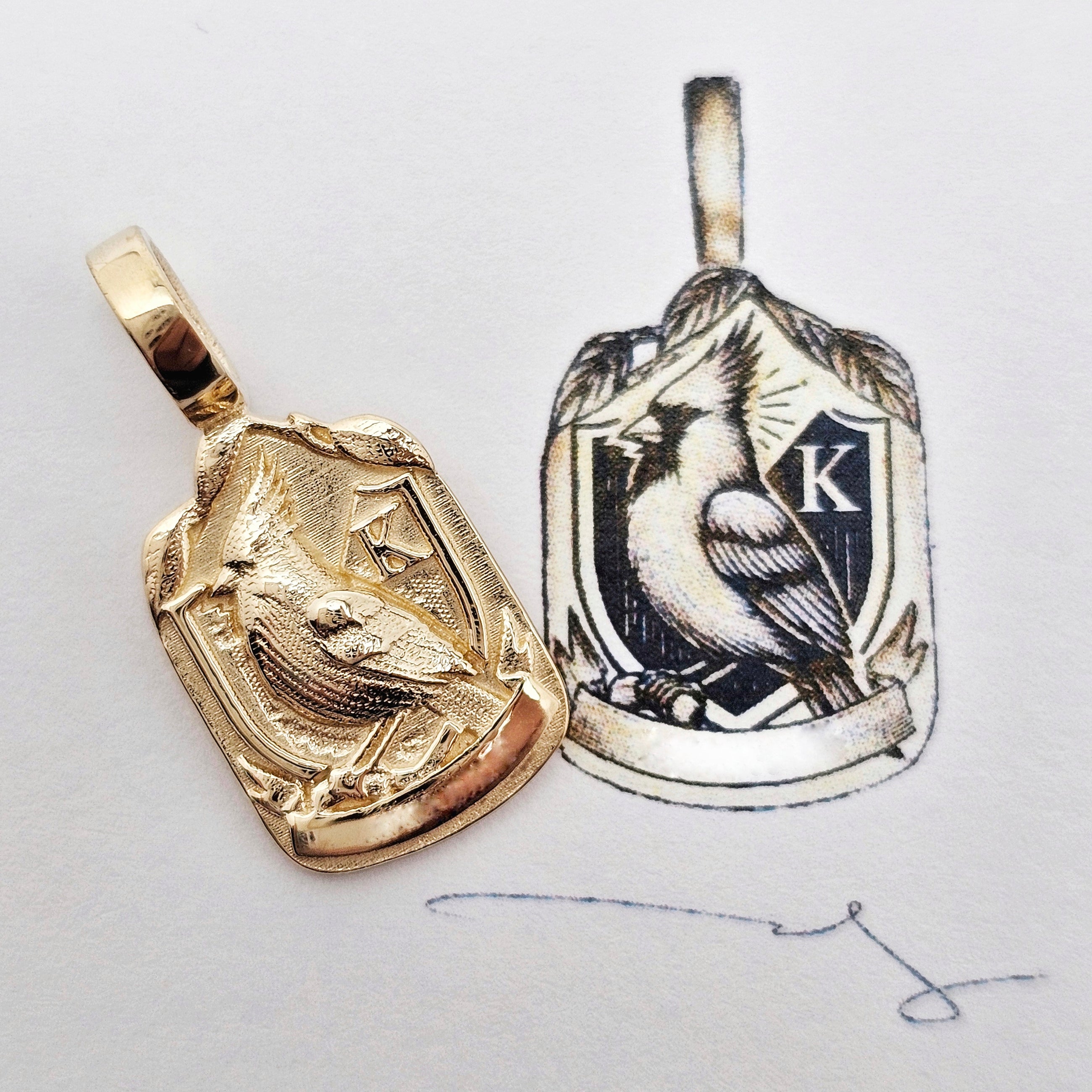 Custom 14K Yellow Gold Robin & "K" Family Crest Pendant