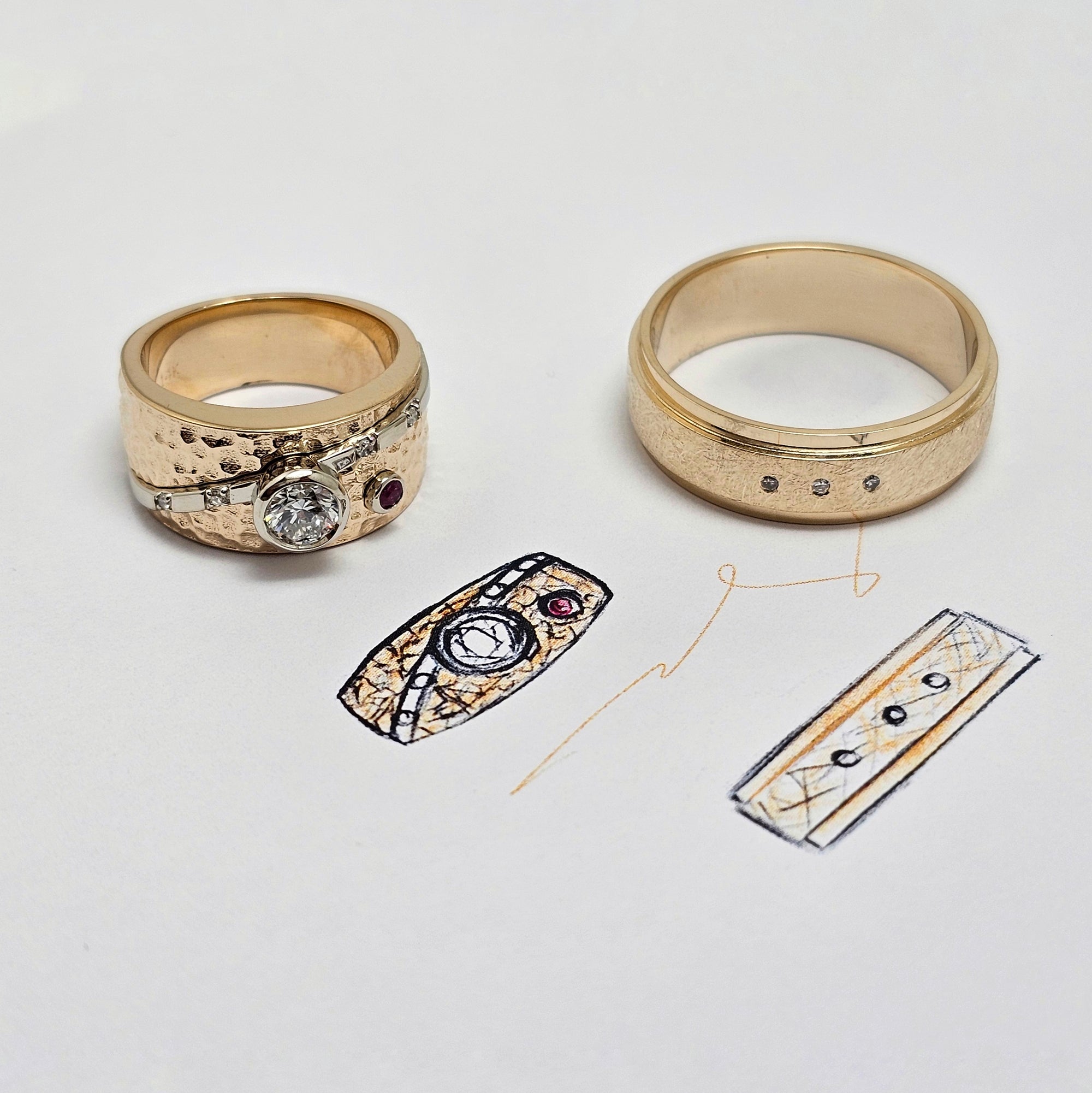 Custom Hammered Two-Tone Gold Wedding Band Set