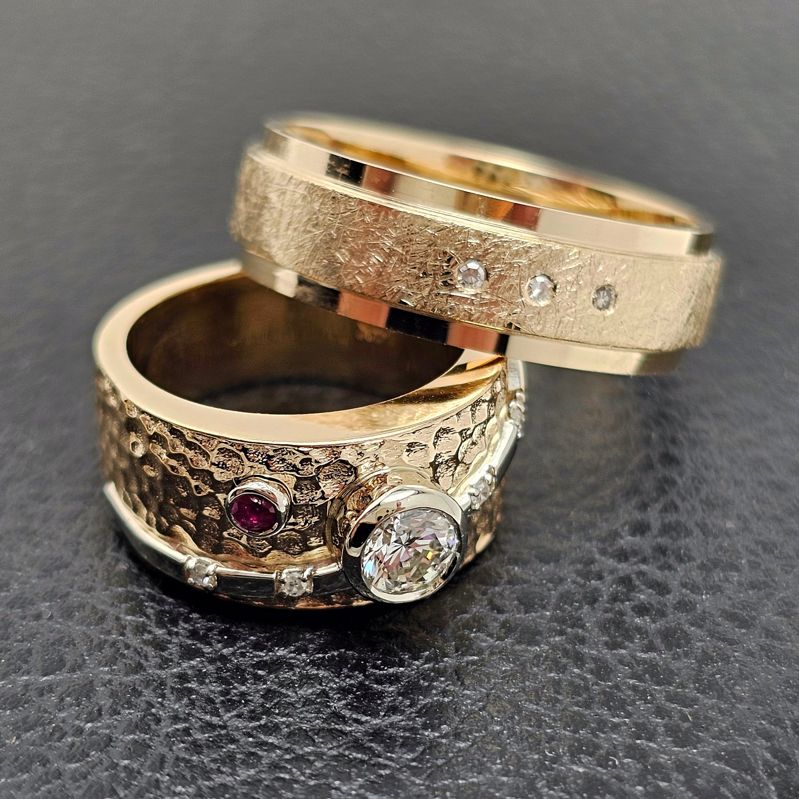 Custom Hammered Two-Tone Gold Wedding Band Set