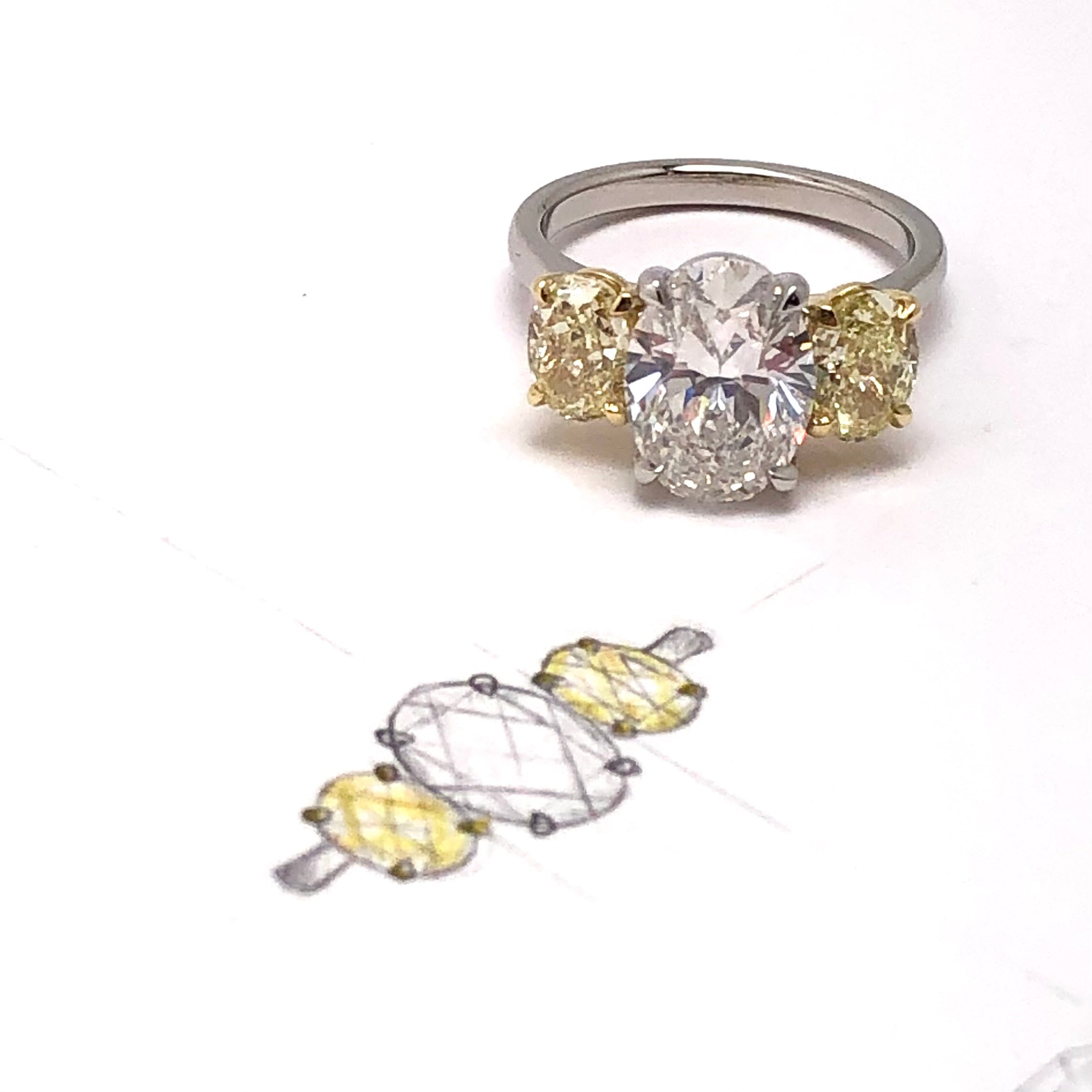 3.01ct Oval Diamond & Yellow Diamond Three Stone Ring
