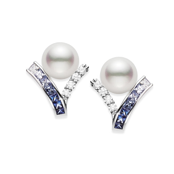 Mikimoto 18KW Akoya Pearl, Sapphire and Diamond Earrings