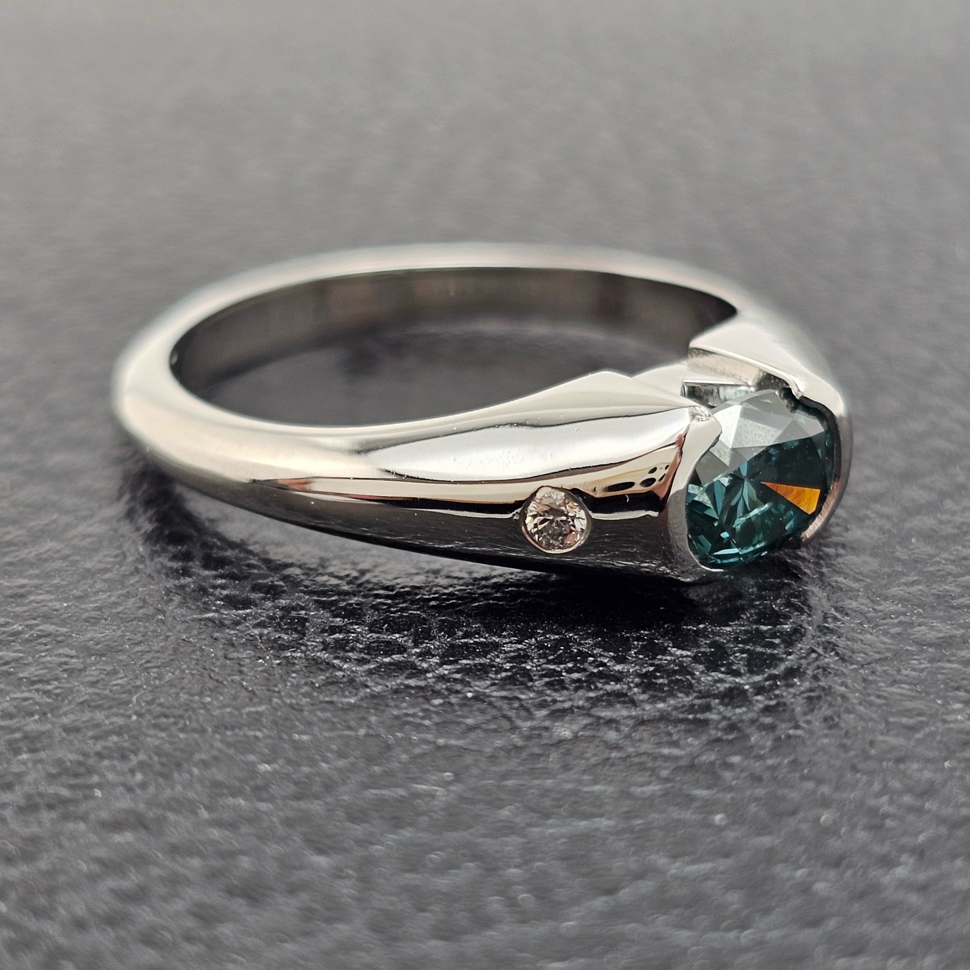 Custom Platinum Half Bezel Treated Blue Diamond Ring