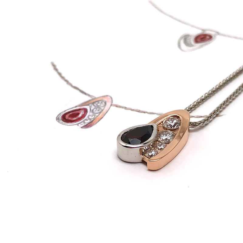 Abstract 14K Rose and White Gold Garnet Pendant