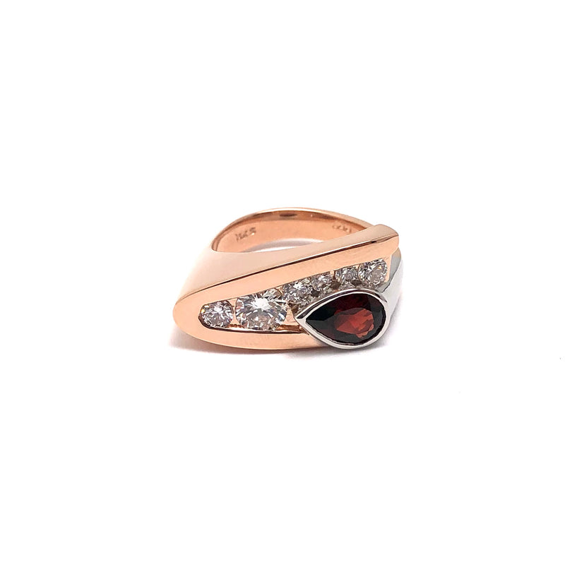 Custom 14K Rose and White Gold Pear Garnet Ring