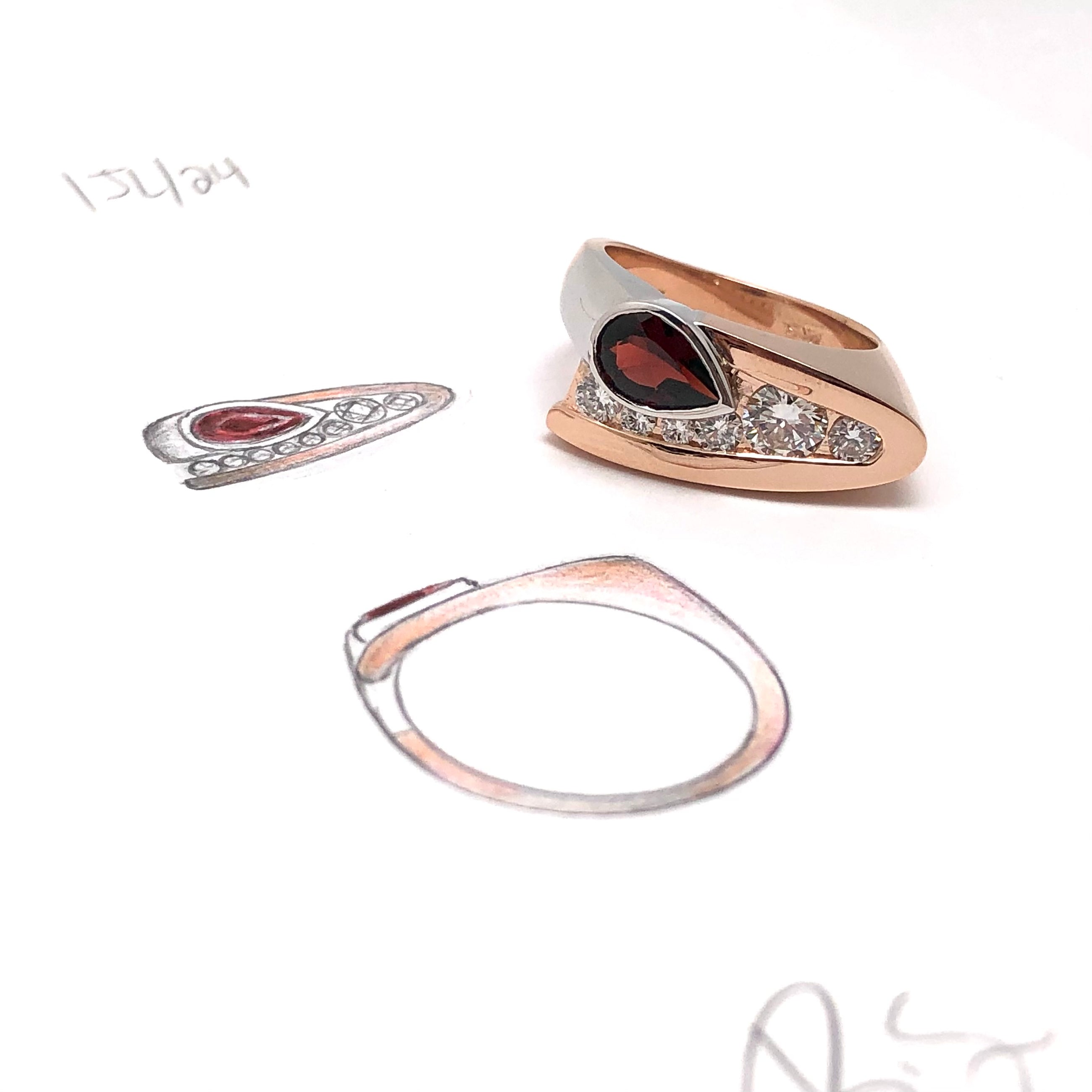 Custom 14K Rose and White Gold Pear Garnet Ring