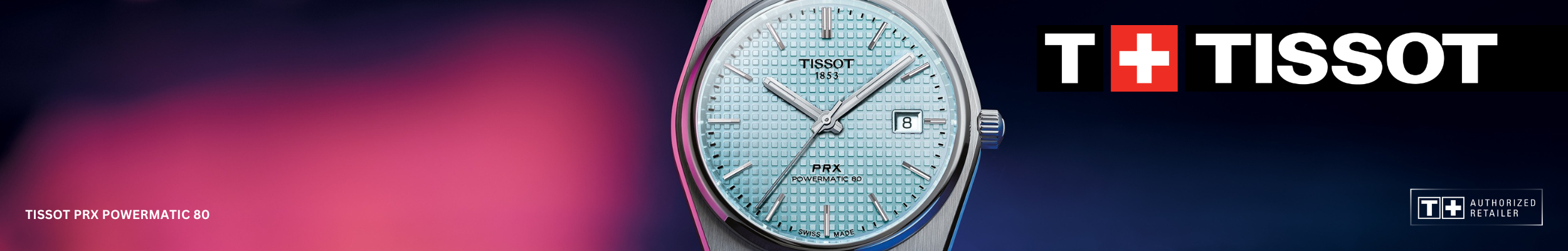 Tissot PRX Automatic watch with an ice blue dial.