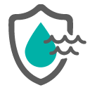 A water resistance icon in the shape of a shield. On the shield is a drop of water and beside the water are two lines that looks like waves.