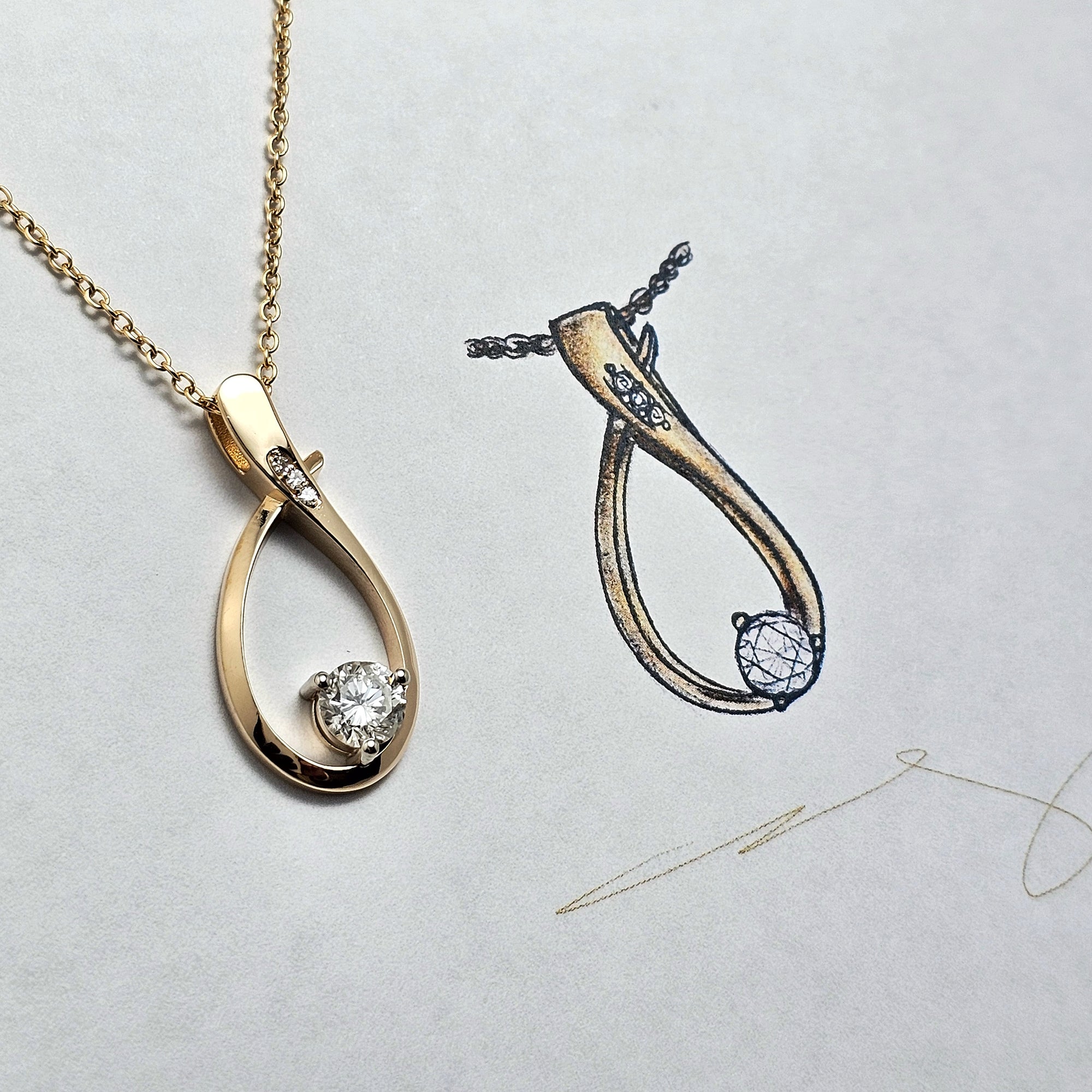 Custom 14K Yellow Gold Abstract Multi-Diamond Pendant