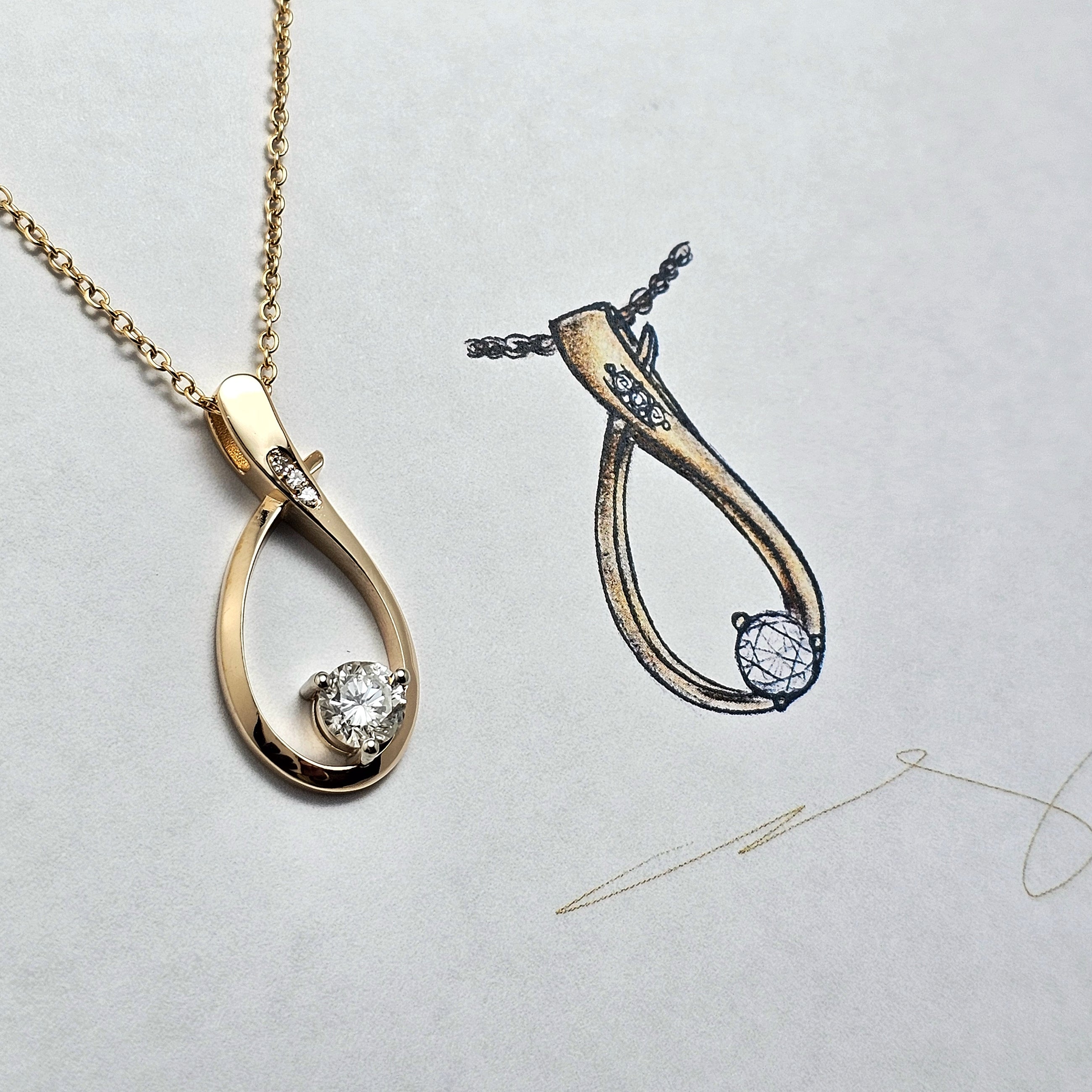 Custom 14K Yellow Gold Abstract Multi-Diamond Pendant
