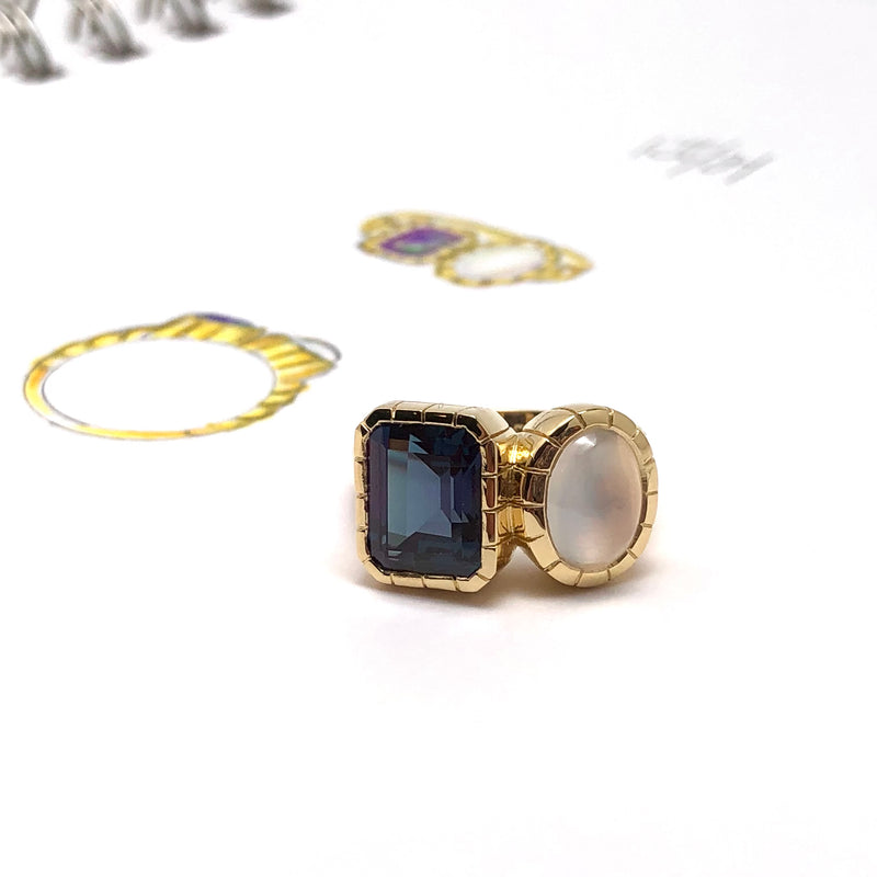 18K Yellow Gold Custom Lab-Grown Alexandrite & Moonstone Ring
