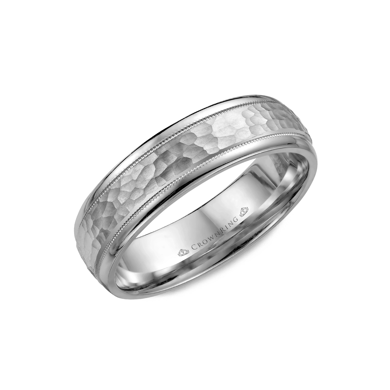 6mm Classic Wedding Band Frosted Hammered Center & High Polish Edges