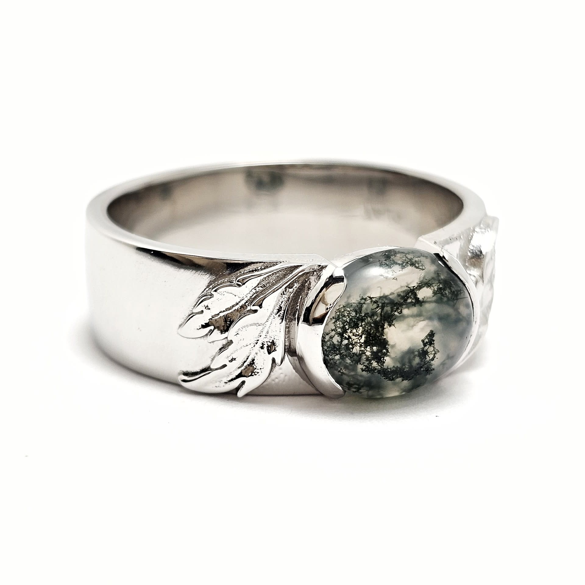 Custom Platinum Gents Moss Agate Ring with Leaf Details