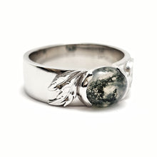 Custom Platinum Gents Moss Agate Ring with Leaf Details