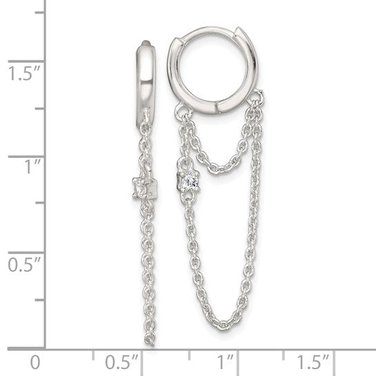 Sterling Silver CZ Dangling Chain Round Hinged Hoop Earrings