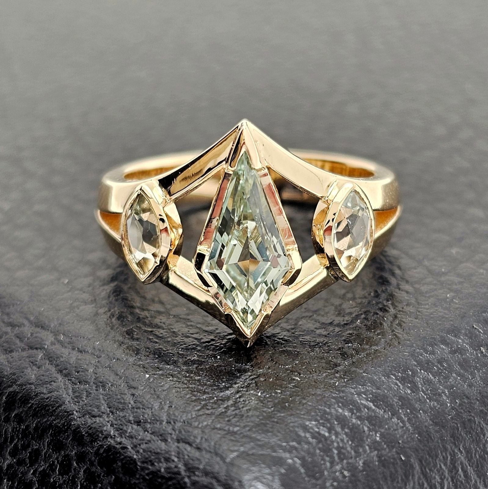 Custom 14K Yellow Gold Shield and Marquise Green Sapphire Ring