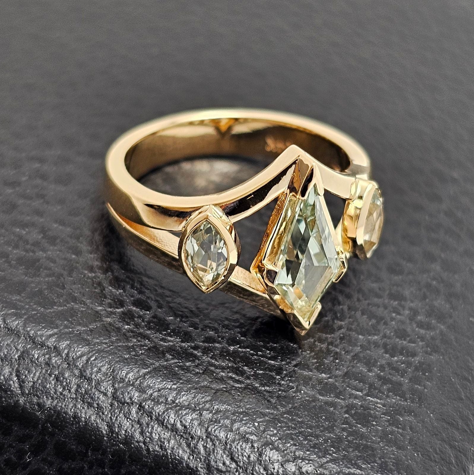 Custom 14K Yellow Gold Shield and Marquise Green Sapphire Ring