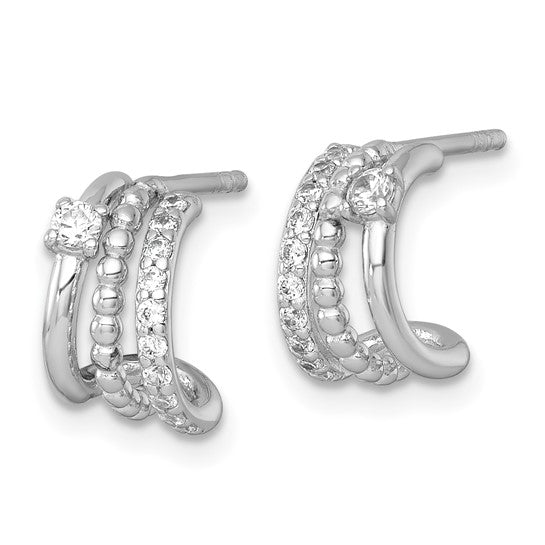 Sterling Silver Beaded CZ C-Hoop Earrings