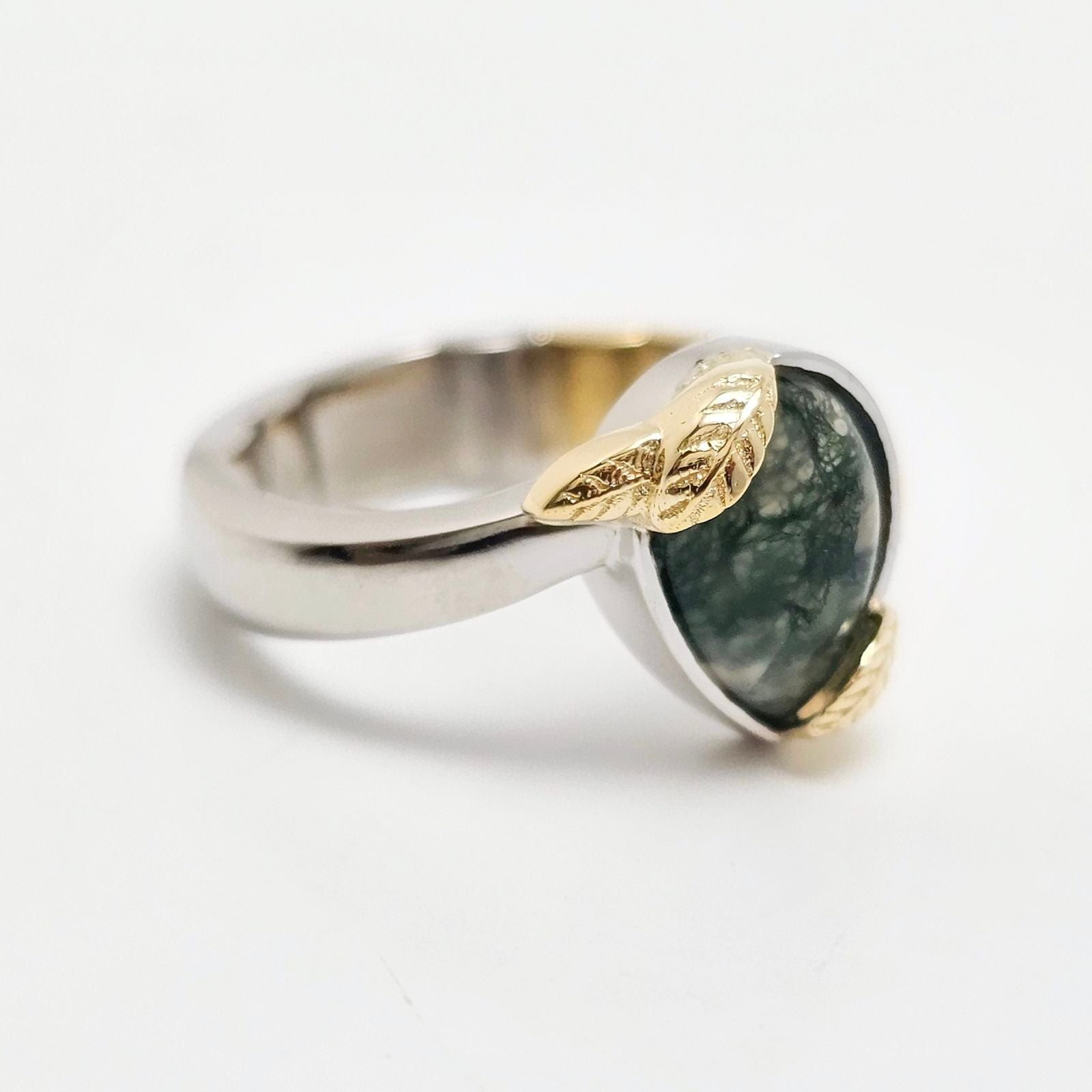 Custom Platinum Moss Agate Bypass Ring with 18K Gold Leaves