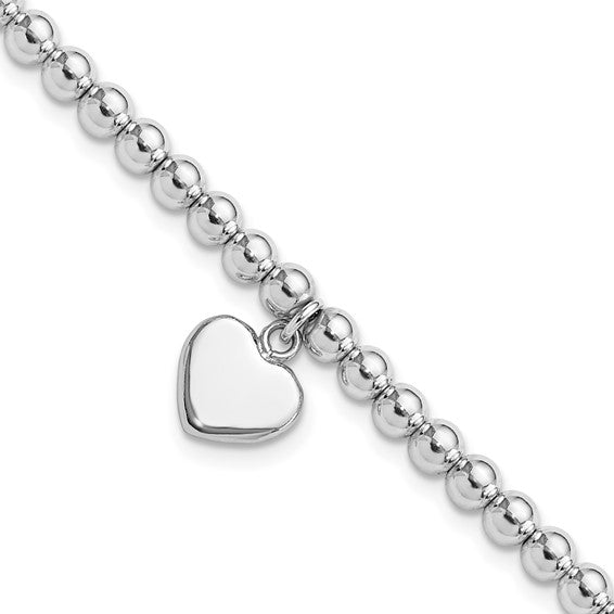 Sterling Silver 4mm Beaded Dangle Heart Bracelet