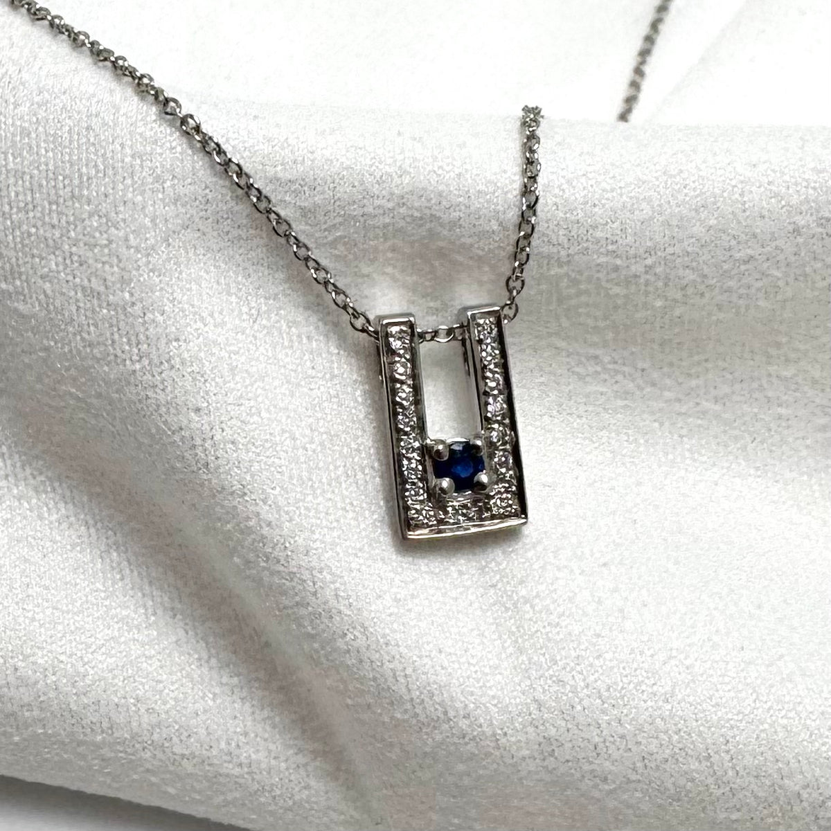 14K White Gold Sapphire & Diamond Necklace 18-Inch